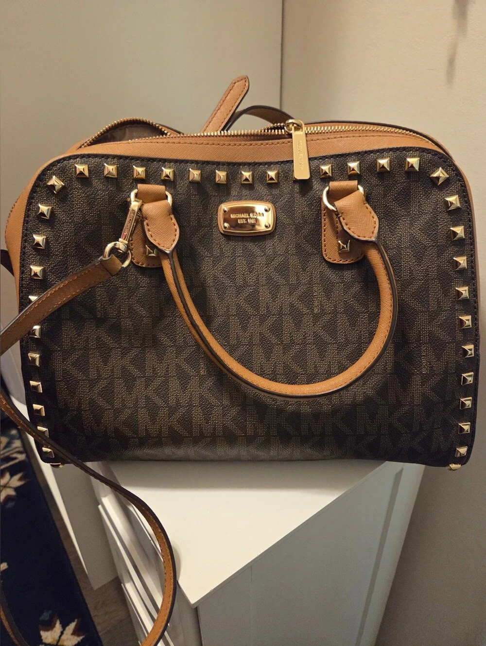Michael Kors Brown & Tan Studded Signature Satchel
